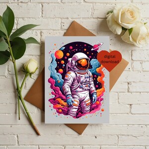 Tarjeta de felicitación imprimible en blanco de 5x7, tarjeta infantil, tarjeta de ánimo para el mejor amigo, familia, lindo astronauta, tarjeta y sobre de descarga digital.