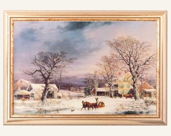 Farmyard in Winter, George Durrie Vintage Oil Painting, Vintage Landscape Art Prints, Digital Printable Wall Art, Instant Digital Download,
