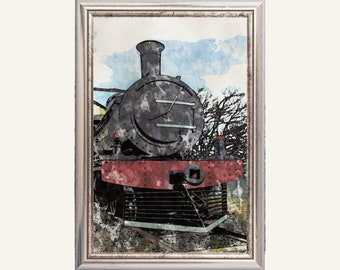 Pintura de trem a vapor vintage: Arte de parede imprimível de locomotiva (Download digital)