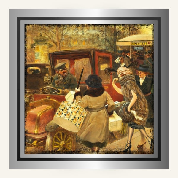 Vintage Digital Art Print, Old Auto Ladies with Shopping Bags, Digital Fine Art, INSTANT DOWNLOAD, High Quality Antique Wall Art, Room Decor