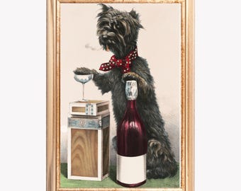 Niedliche Terrier Kellner Wein Druck: Lustiger Hund Wein Kunst (Digitaler Download)