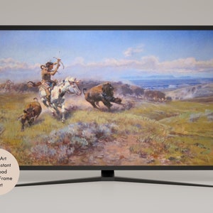 May include: A painting of a Native American on horseback, riding through a grassy field and aiming a bow and arrow at a buffalo. The buffalo is running away from the Native American. The painting is set against a backdrop of a blue sky with white clouds.