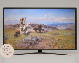 Arte vintage para TV con marco Samsung, retrato de Charles Russell de un indio americano cazando búfalos, descarga instantánea, decoración de pared con arte de televisión