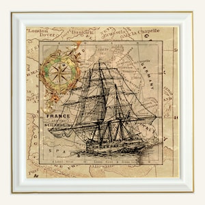 Exploration nautique vintage, cartes de navigation, impression d'art numérique idéale pour le journal de la jonque, scrapbooking Maritime Old Ocean Sailing Ship