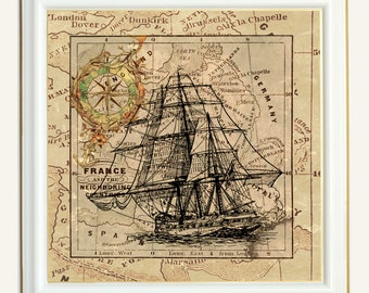 Vintage Sailing Ship Map Art Print | Navigation Charts (Digital Download)