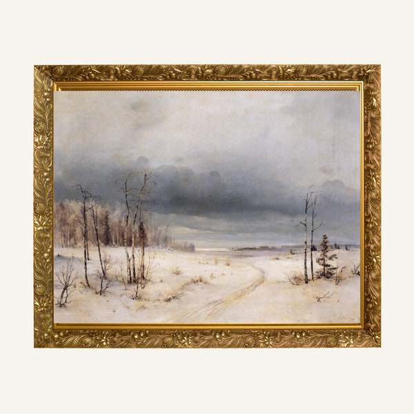 Winter 1870 Landscape Digital Art, Snow Scenery Mid Century Oil Painting, Instant Digital Download Fine Art, Printable Digital Wall DecorArt
