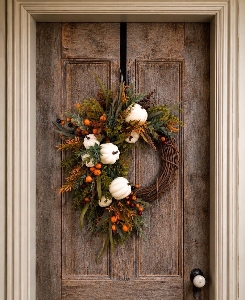 May include: A circular wreath constructed from brown woven twigs, adorned with white pumpkins, green foliage, and small orange and dark berries. The arrangement is clustered along the left side and top of the wreath, leaving a portion of the twigs exposed.