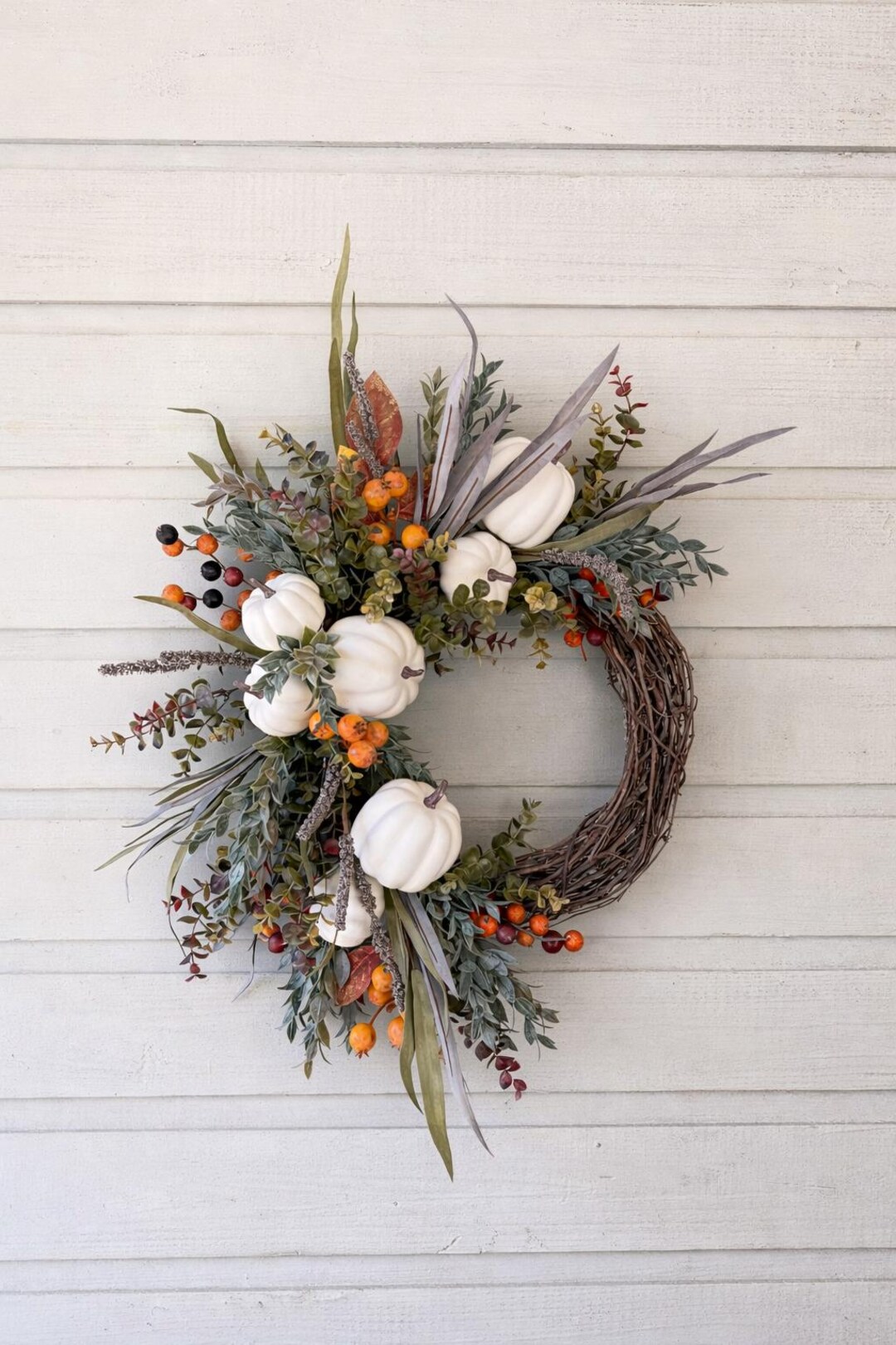 Large Fall Pumpkin Wreath for Front Door, Farmhouse Autumn Grapevine ...