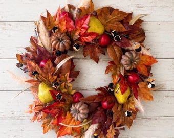 Harvest Fall Wreath for Front Door, Autumn Pumpkin Pear Apple Wreath, Rustic Farmhouse Fall Decor, Thanksgiving Door Hanger, Autumn Leaves