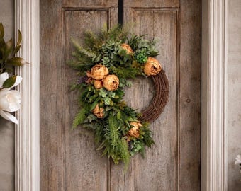 Peach Peony Wreath for Front Door, Spring Summer Wreath, Peach Floral Door Hanger, Farmhouse Wreath, Cottagecore Decor, Everyday Wreath