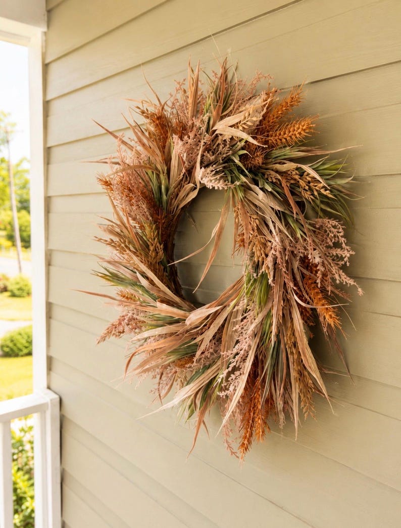 May include: A circular wreath constructed from dried grasses, wheat stalks, and foliage in shades of tan, brown, muted green, and burnt orange. The arrangement features a variety of textures with long, slender blades and feathery plumes.