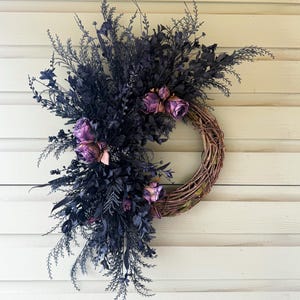 Dark Gothic Fern & Rose Wreath – Black Fern Door Wreath, Moody Farmhouse Wall Decor, Burnt Orange or Purple Roses, Year-Round  Wreath