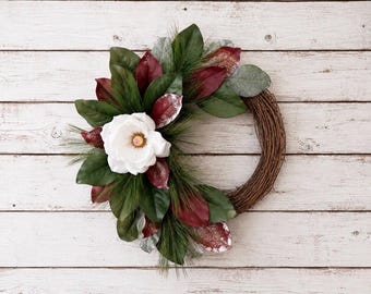Winter Magnolia Wreath for Front Door, Christmas Wreath with Burgundy Berries, Rustic Farmhouse Holiday Door Decor, Winter Greenery Wreath