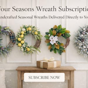 May include: Image features four seasonal wreaths, each with unique designs: lavender and plaid, lemons and white flowers, magnolia leaves, and frosted pinecones. A gift box with a bow sits on a wooden table below the wreaths. Text reads "Four Seasons Wreath Subscription."