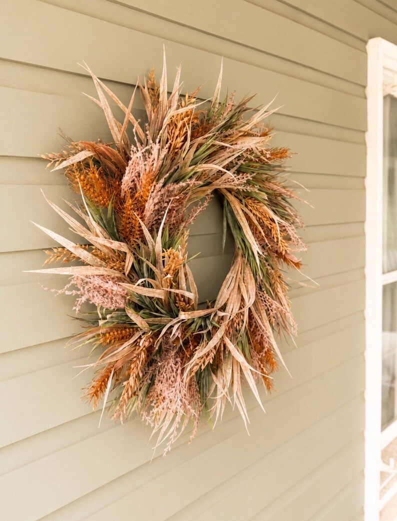 May include: A circular wreath composed of dried grasses, wheat stalks, and feathery plumes in shades of muted tan, light brown, sage green, and soft dusty pink. The arrangement features varied textures of pointed leaves and grain-like botanical elements.