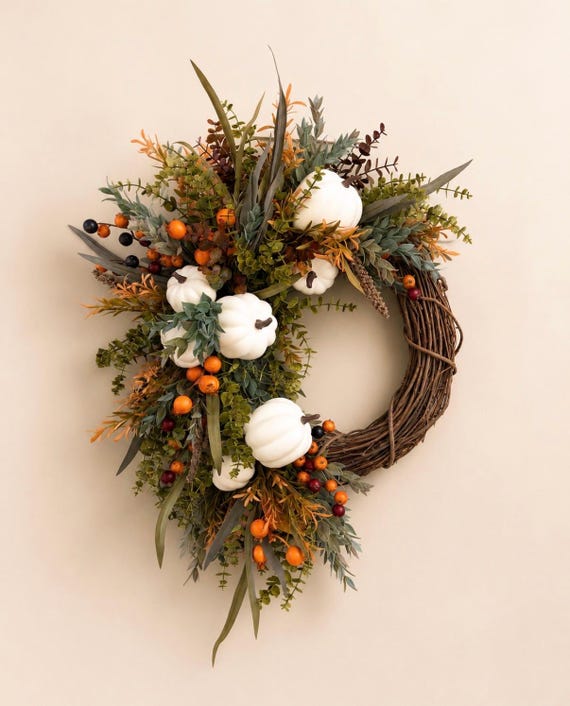 Fall Pumpkin Wreath for Front Door, White Beige Pumpkin Door Hanger, Farmhouse Autumn Wreath, Rustic Harvest Decor, Thanksgiving Wreath