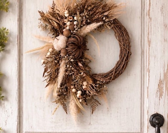 Neutral Pumpkin Wreath, Luxury Farmhouse Fall Wreath, Autumn Front Door Decor, Rustic Grapevine Harvest Wreath, Thanksgiving Door Decor