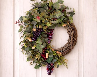 Fall Wreath for Front Door, Wreath with Grapes, Autumn Farmhouse Wreath, Wine Lover Gift, Winery Vineyard Decor, Thanksgiving Wreath