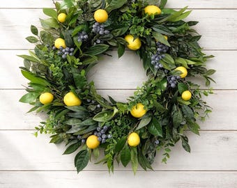 Lemon Blueberry Wreath with Eucalyptus | Luxury Summer Door Wreath | Blueberry Lemon Decor | Farmhouse Kitchen & Front Door Wreath