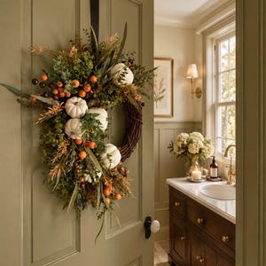 May include: A decorative wreath hanging on a sage green door, featuring a woven brown twig base adorned with white pumpkins, orange berries, and various green foliage, suspended by a black strap attached to the top of the door frame.