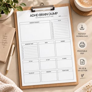 Peut inclure: Une feuille de planification en papier blanc intitulée ADHD BRAIN DUMP avec des sections pour les pensées aléatoires, les listes de tâches, les idées, les soucis, les appels, les textes, les e-mails et les réussites, sur un presse-papier.