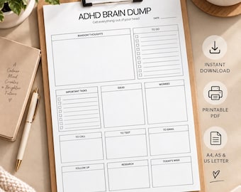 ADHD Brain Dump Printable, Mental Clarity Worksheet, A4/A5/US Letter, Instant Download