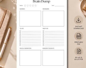 ADHD Brain Dump Printable, Mental Clarity Worksheet, A4/A5/US Letter, Instant Download
