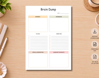 Brain Dump Printable, ADHD Worksheet, Thought Organizer, A4/A5/US Letter, Instant Download