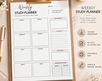 Weekly Study Planner Printable, Student Planner, A4/A5/US Letter, Instant Download