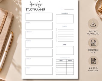 Weekly Study Planner Printable, Student Planner, Weekly Planner, Instant Download