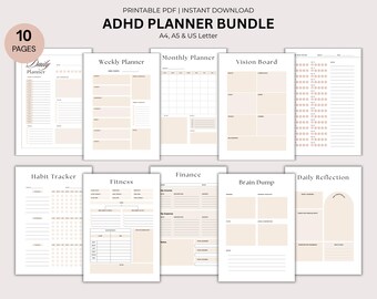ADHD Planner Bundle, Daily Weekly Monthly Printables (Digital Download)