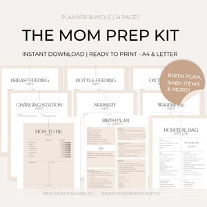 Kit de preparação para a mãe | Planejador para a futura mamãe | Plano de parto | Listas de verificação para recém-nascidos | Bolsa para hospital | Minimalista suave | Download instantâneo em PDF | A4 e Carta