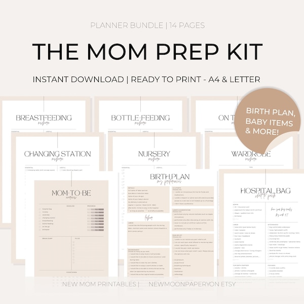 Mom Prep Kit | Mom to be planner | birth plan | newborn checklists | hospital bag | soft minimalist | instant download PDF | A4 & Letter