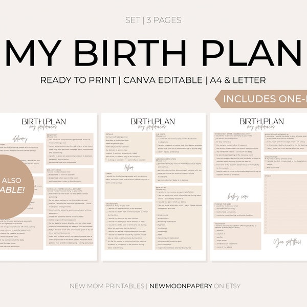 Modèle de plan de naissance | maman pour la première fois | minimaliste doux | toile modifiable | Téléchargement instantané PDF | A4 et lettre