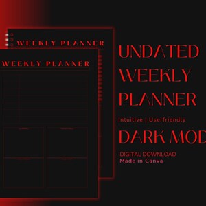 Undated Weekly Planner Dark Mode, Red Edition, Printable and Digital, Pdf Files, A4 and US Letter Format.