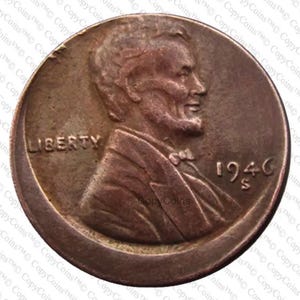 1946 S Off Centre Error Lincoln One Cent Wheat Penny A Very Rare & Sought After USA Restrike Commemorative Coin
