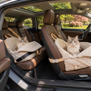 May include: Two beige quilted pet booster seats secured to the brown leather car seats. Each seat features adjustable tan straps and a soft interior. A fluffy brown and white tabby cat sits comfortably inside each of the two pet booster seats.
