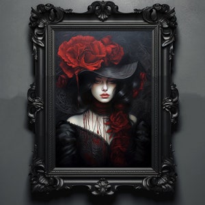 Obra de arte de rosa gótica. Estampados góticos. Pintura al óleo. Cartel de rosa negra. Dama Wicca. Regalos espeluznantes. Decoración gótica del hogar. Arte Gótico. Regalos de brujas.