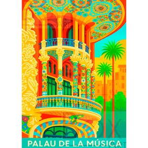 Puede incluir: Una vibrante ilustración del Palau de la Música Catalana, con un balcón con columnas ornamentadas y un techo colorido. La obra presenta una fachada roja, ventanas verdes y palmeras, con el texto "PALAU DE LA MÚSICA" en la parte inferior.