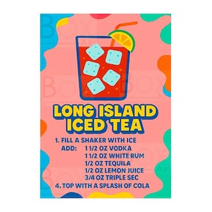 Puede incluir: Un estampado gráfico con un cóctel rojo en un vaso con cubitos de hielo, una rodaja de naranja y una pajita. El texto dice LONG ISLAND ICED TEA y enumera los ingredientes: 1 1/2 oz de vodka, 1 1/2 oz de ron blanco, 1/2 oz de tequila, 1/2 oz de zumo de limón, 3/4 oz de triple seco y cola.