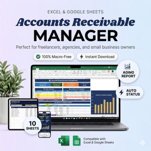 Puede incluir: Una hoja de cálculo digital de Accounts Receivable Manager para Excel y Google Sheets. La imagen muestra una computadora portátil, una tableta y un teléfono inteligente que muestran el panel, con iconos para informes de antigüedad y estado automático. El texto dice "100% libre de macros" y "Descarga instantánea."