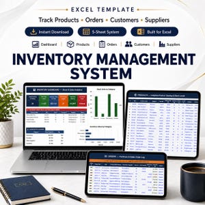 May include: An inventory management system template displayed on a laptop, tablet, and phone. The screens show data tables and charts. The text includes "Track Products, Orders, Customers, Suppliers" and "Inventory Management System."