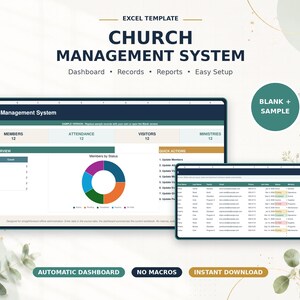 Op de afbeelding: Een Excel-sjabloon voor een kerkbeheersysteem met een dashboard voor leden-, aanwezigheids-, bezoekers- en bedieningsstatistieken, een ringdiagram voor de ledenstatus en een gegevenstabel voor het bijhouden van diverse records.