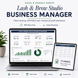 May include: A laptop and tablet display a business manager dashboard for a lash and brow studio. The screen shows client tracking, revenue, and inventory data. Text includes "Lash & Brow Studio BUSINESS MANAGER" and "100% Macro-Free."