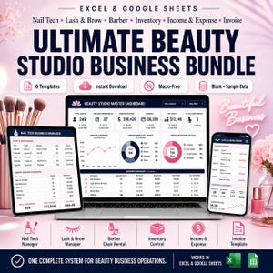 May include: A graphic for an Ultimate Beauty Studio Business Bundle, featuring a laptop, tablet, and phone displaying business data. The image includes icons for Nail Tech, Lash & Brow, Barber, Inventory, and Invoice, among other business aspects.