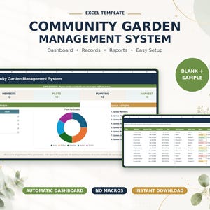 May include: An Excel template for a Community Garden Management System featuring a dashboard with a donut chart, member records, and quick action lists. The interface includes sections for members, plots, planting, and harvest data, labeled as blank and sample.