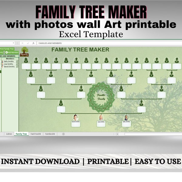 Family Tree Maker with Photos | Professional Worksheet | Excel Template | Ancestry | Family History | Genealogy Record | Family Tree Chart