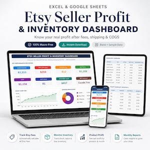 Puede incluir: Un portátil, una tableta y un smartphone muestran un panel de control de ganancias e inventario para vendedores de Etsy. Las pantallas muestran datos financieros, incluidos los ingresos brutos, las tarifas totales de Etsy y las ganancias netas.