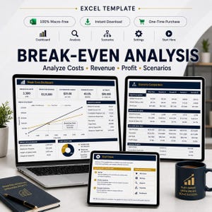May include: An Excel template for break-even analysis, displayed on a laptop, tablet, and phone. The screens show charts and data, including cost analysis and scenario comparisons. A mug with the text "Plan Smart, Grow Profit, Scale Success" is also present.