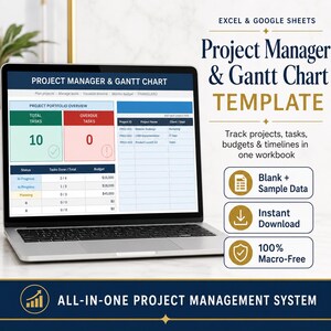 May include: A laptop displays a project management template with a Gantt chart. The screen shows project overview data, including total and overdue tasks. Text on the screen reads "Project Manager & Gantt Chart Template". Additional text includes "Blank + Sample Data" and "Instant Download".